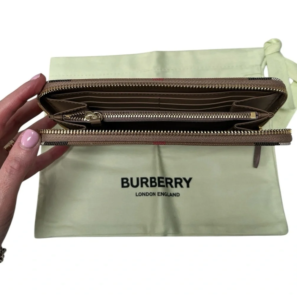 BURBERRY Large Zip Around Wallet Nova Check Dust Bag & Cards